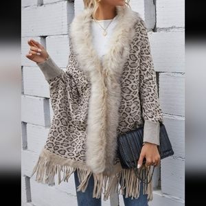 SHEIN Women's Leopard Print Fuzzy Batwing Sleeves Duster Cardigan Size Small